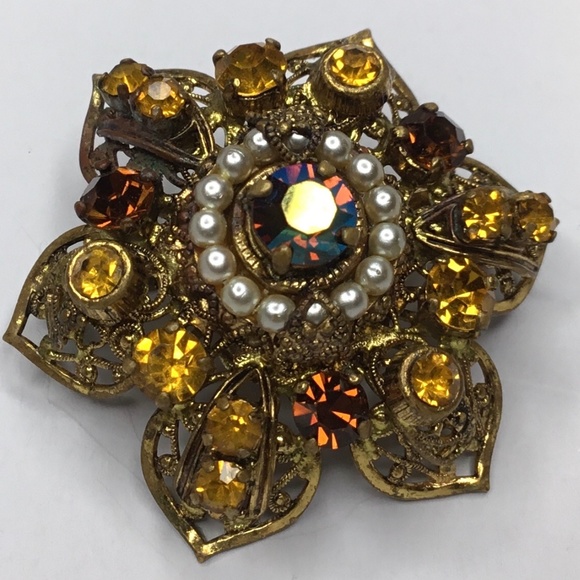 VINTAGE Gorgeous Brooch and earring set Amber and faux pearls - Picture 2 of 5